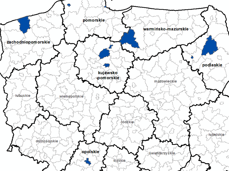 Ilustracja przedstawia obszary powiatów objętych aktualizacją zbiorów danych BDOT10k