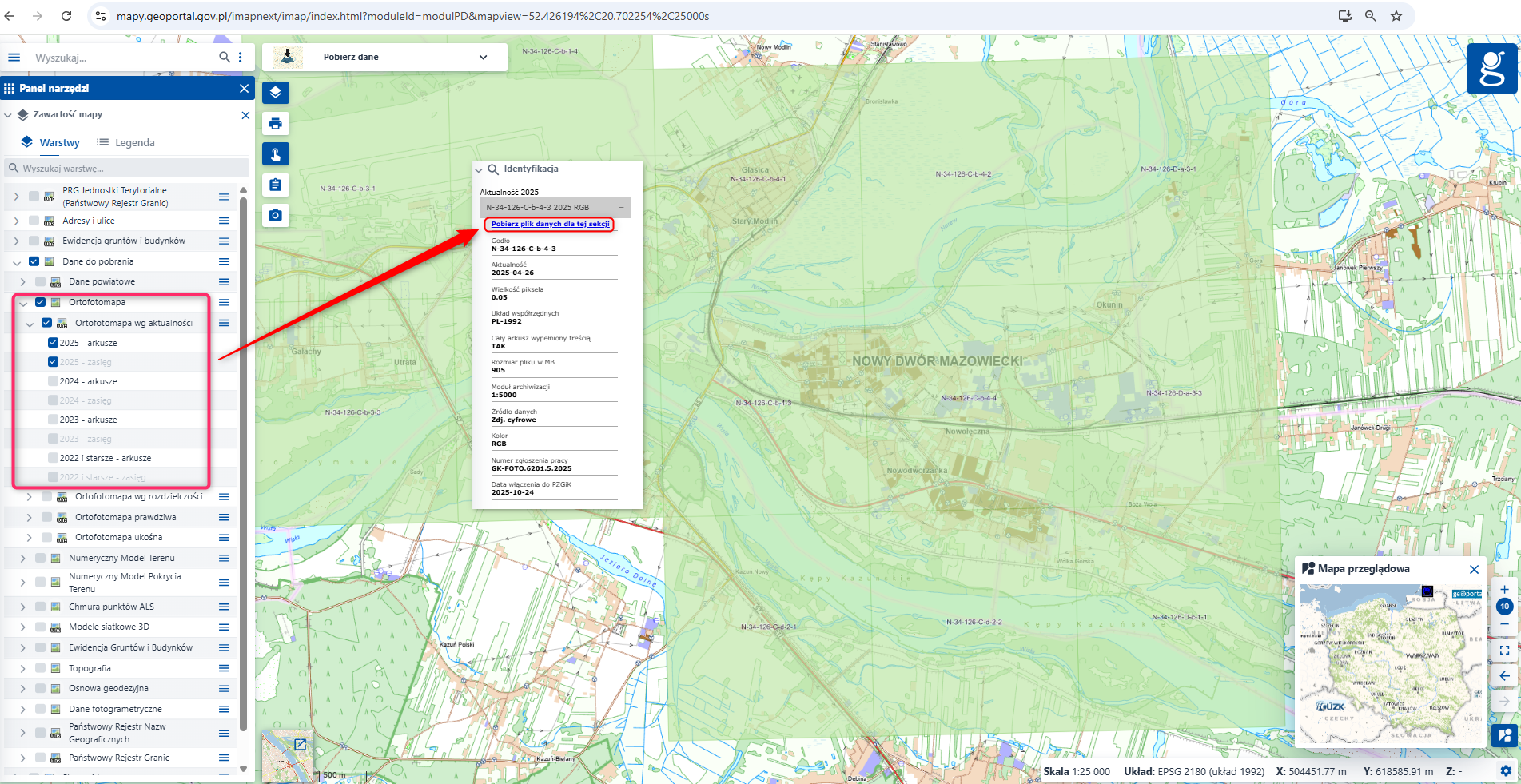 Ilustracja przedstawia zrzut ekranu w jaki sposób pobrać arkusze ortofotomapy z geoportal.gov.pl. 
