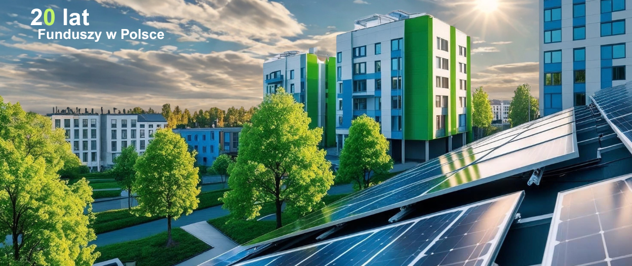 Futurystyczna wizja nowoczesnego blokowiska z zamontowanymi systemami OZE na dachach. Wszędzie do okoła zieleń i drzewa. 