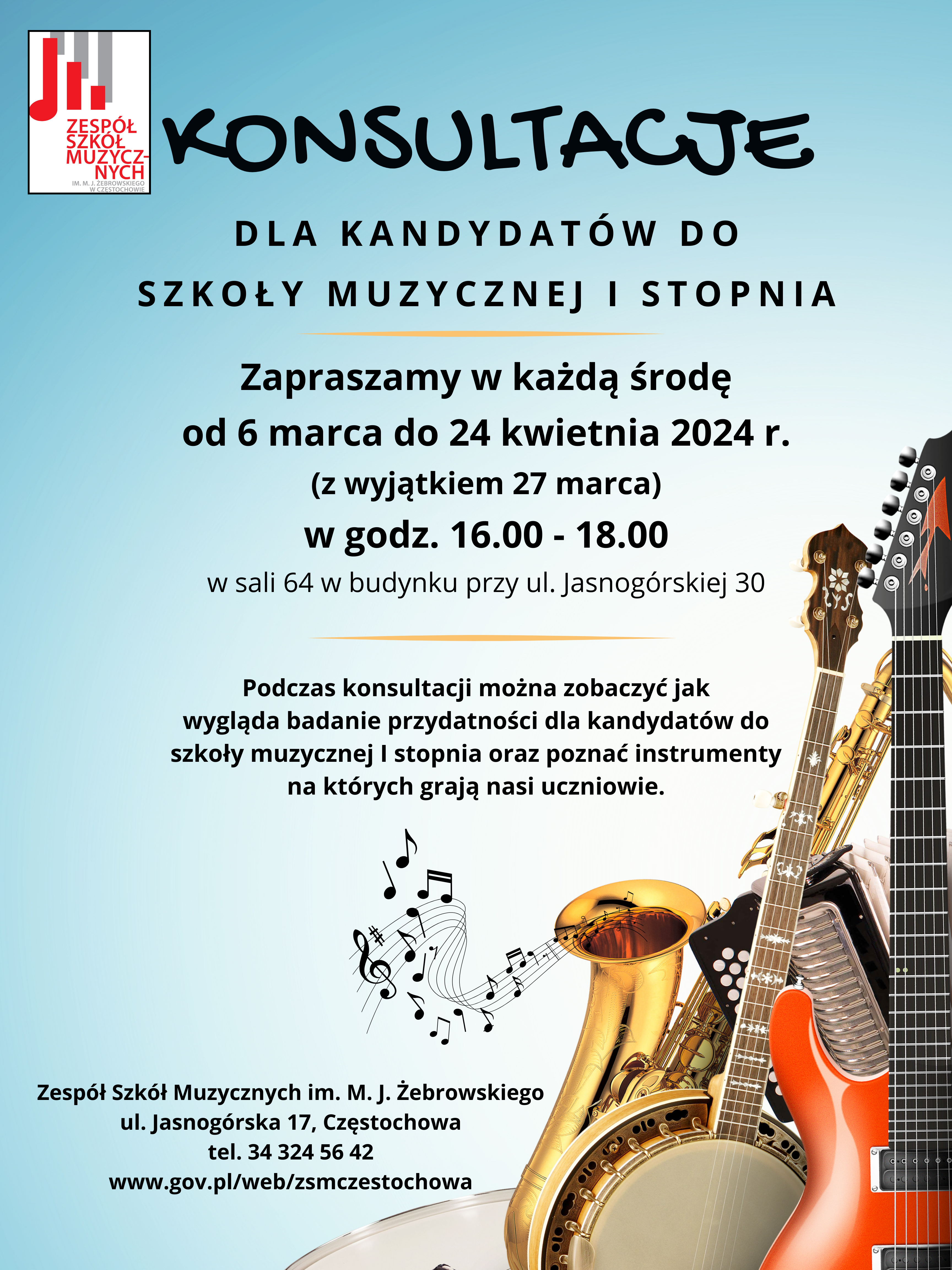 Błękitne tło, po prawej stronie zdjęcie różnych instrumentów, po lewej na górze logo szkoły, informacje dotyczące konsultacji dla kandydatów do szkoły muzycznej I stopnia