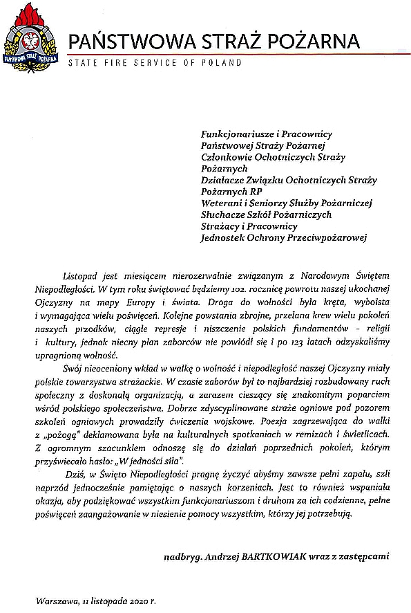 List Komendanta Głównego PSP z okazji Święta Niepodległości