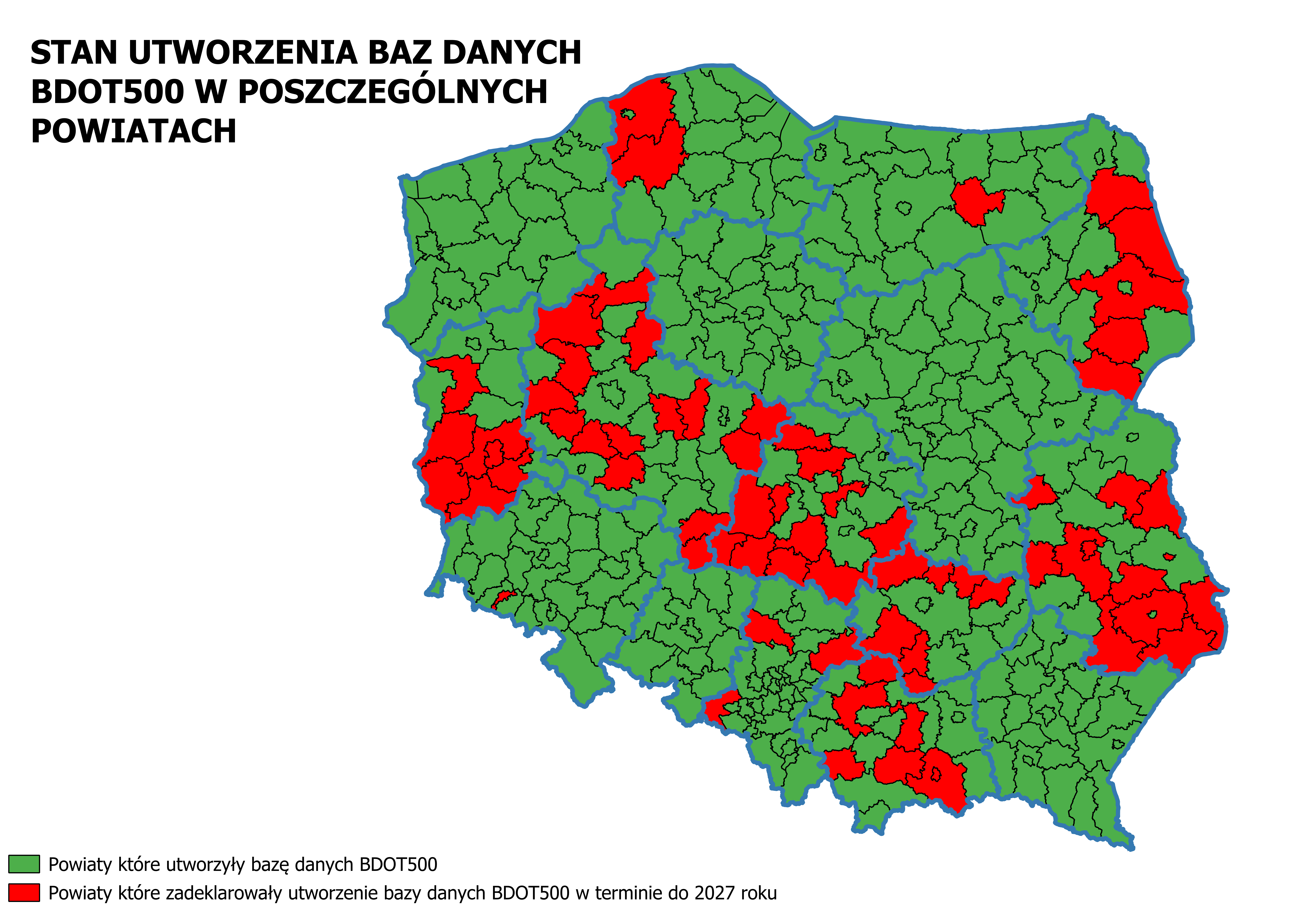 Ilustracja przedstawia mapę Polski obrazującą stan utworzenia baz danych BDOT500 w poszczególnych powiatach kraju. Na zielono zaznaczono powiaty które utworzyły bazę danych BDOT500, natomiast na czerwono zaznaczono powiaty które zadeklarowały utworzenie bazy danych BDOT500 w terminie do 2027 roku