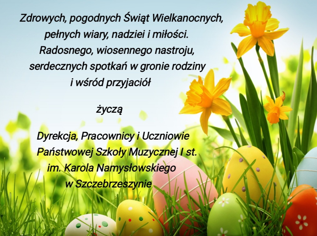 Na dole świąteczne jajka w trawie. Po prawej kwiaty. Na środku życzenia świąteczne. 