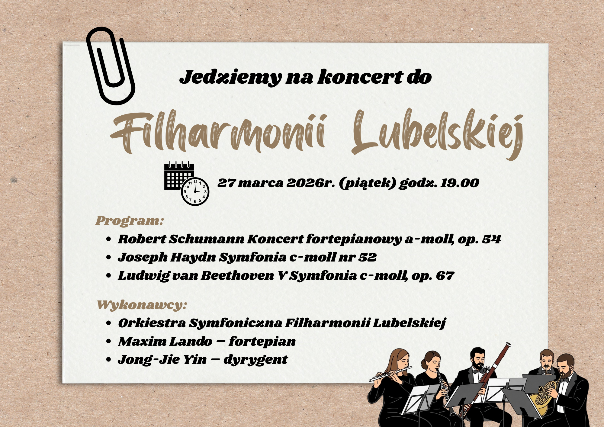 Ogłoszenie ze szczegółami wyjazdu z grafiką orkiestry w prawym dolnym rogu