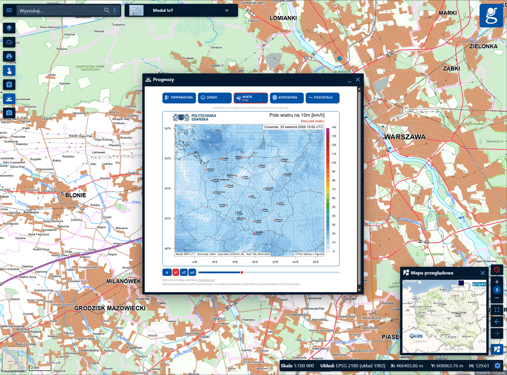 Zrzut ekranu z modułu tematycznego IoT, w którym włączony jest widżet "Prognozy" prezentujący prognozę "Wiatr - pole"