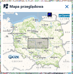 Rysunek przedstawia mapę przeglądową z ukazanym krzyżem oraz prostokątem, które wizualizują aktualny zasięg mapy