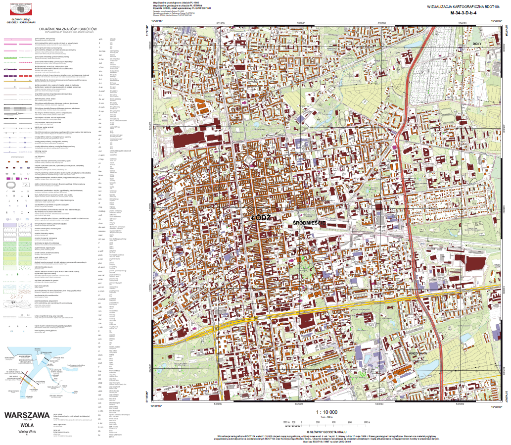 Ilustracja przedstawia przykładową wizualizację kartograficzną BDOT10k w skali 1:10000 dla województwa łódzkiego.