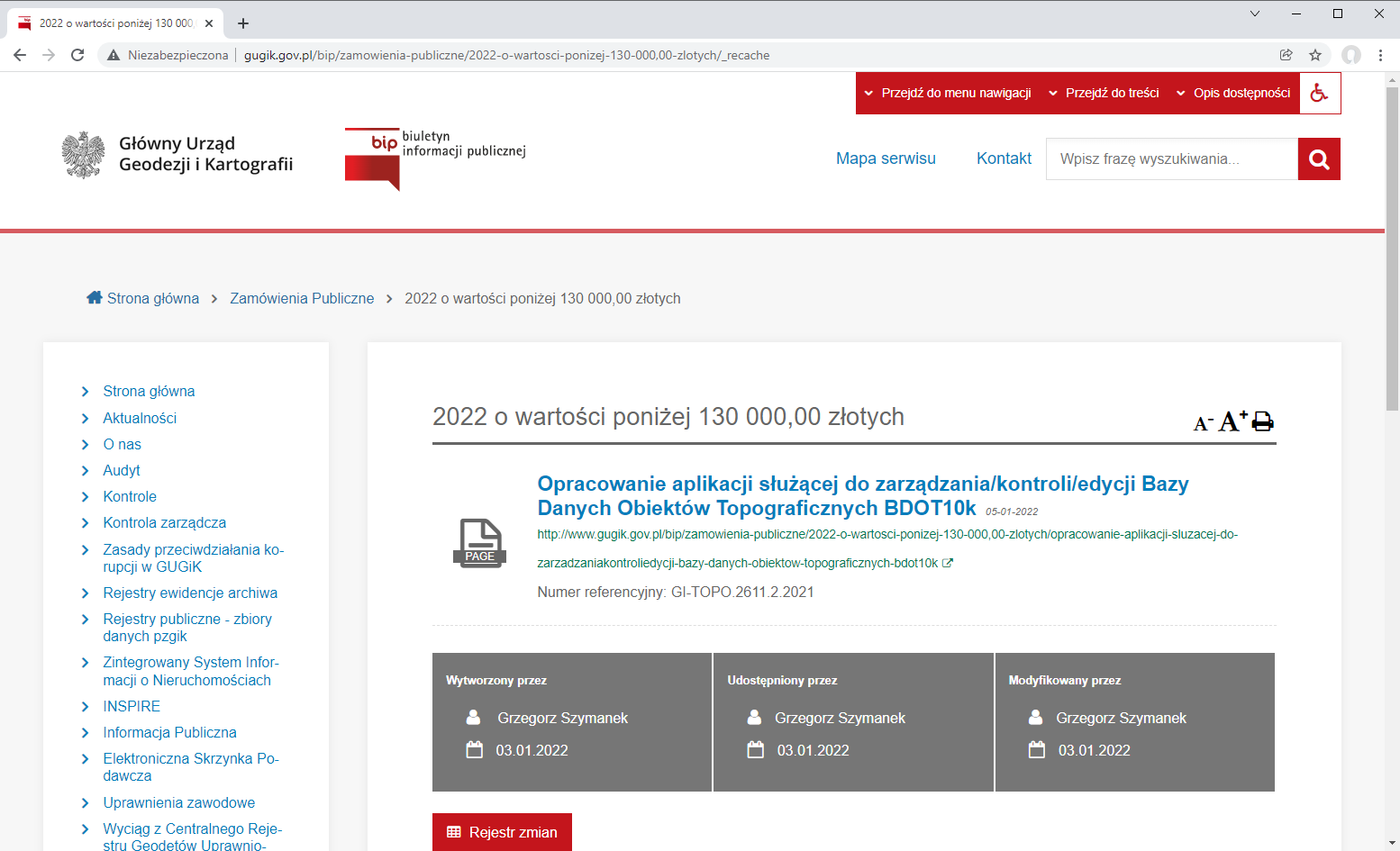 Rysunek przedstawia zrzut ekranu z serwisu BIP GUGIK przedstawiający opublikowane ogłoszenie o konkursie na aplikację do zarządzania/kontroli/edycji danych BDOT10k.