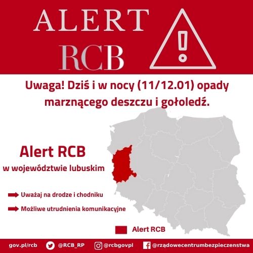 Alert RCB - 11 stycznia - opady marznącego deszczu i gołoledź.