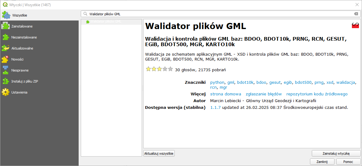 Ilustracja przedstawia sposób instalacji wtyczki Walidator plików GML w oprogramowaniu QGIS