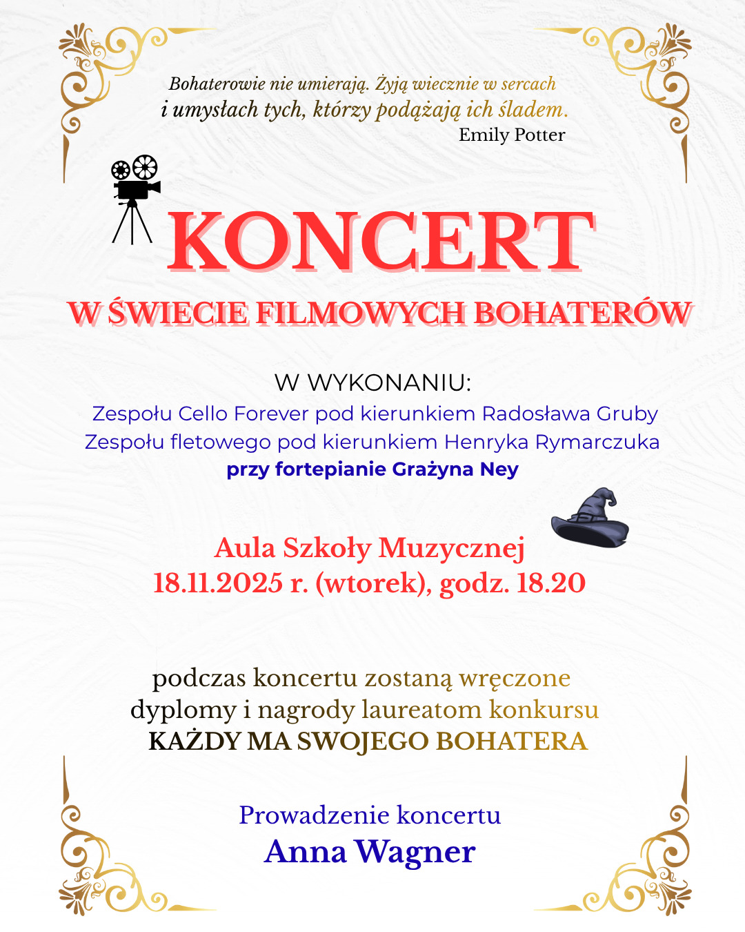 Plakat z zaproszeniem na koncert "W świecie filmowych bohaterów". Kolory tekst w jasnym tle.