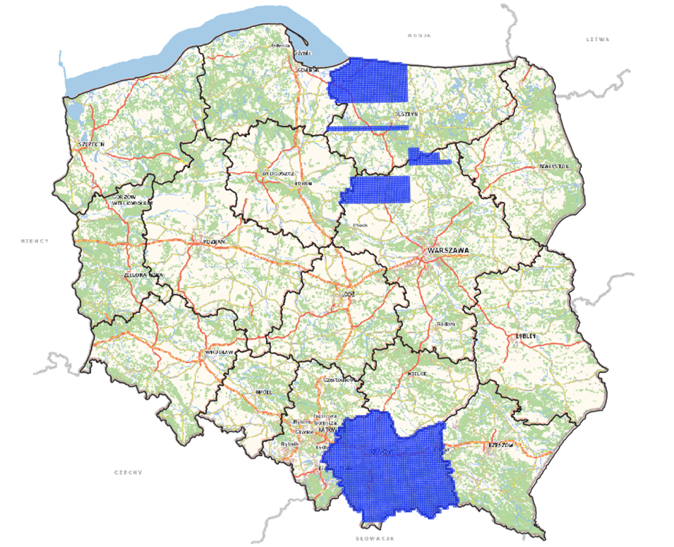 Ilustracja przedstawia zrzut ekranu z zasięgiem nowo przyjętych danych dla obszaru województwa warmińsko-mazurskiego, mazowieckiego i małopolskiego.
