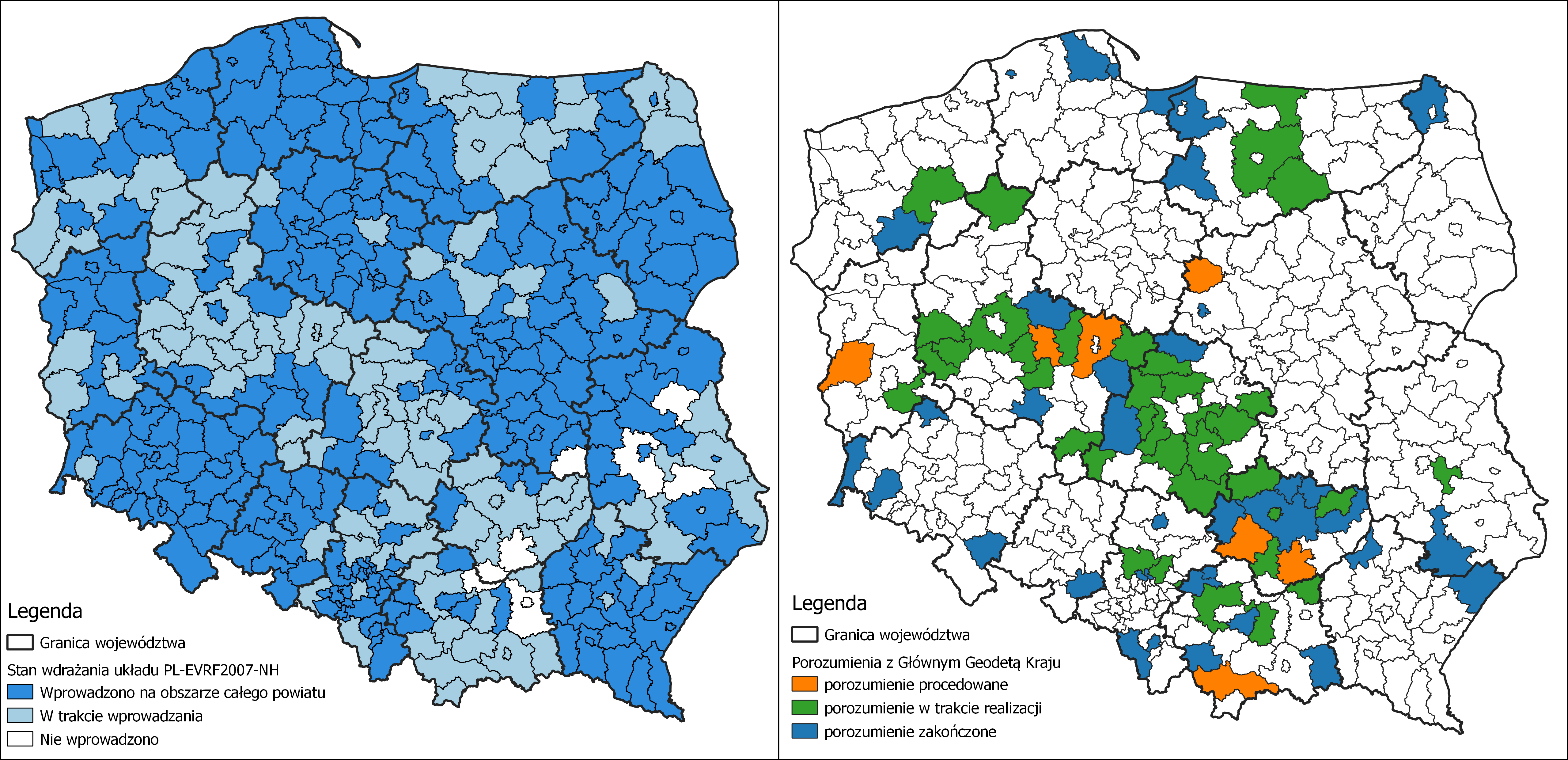 Ilustracja przedstawia zetawione obok siebie 2 mapy Polski z oznaczonym kolorystycznie: stanem wdrażania układu PL-EVRF2007-NH w powiatach po lewej stronie i powiatami, z którymi zawarte zostało porozumienie po prawej stronie.