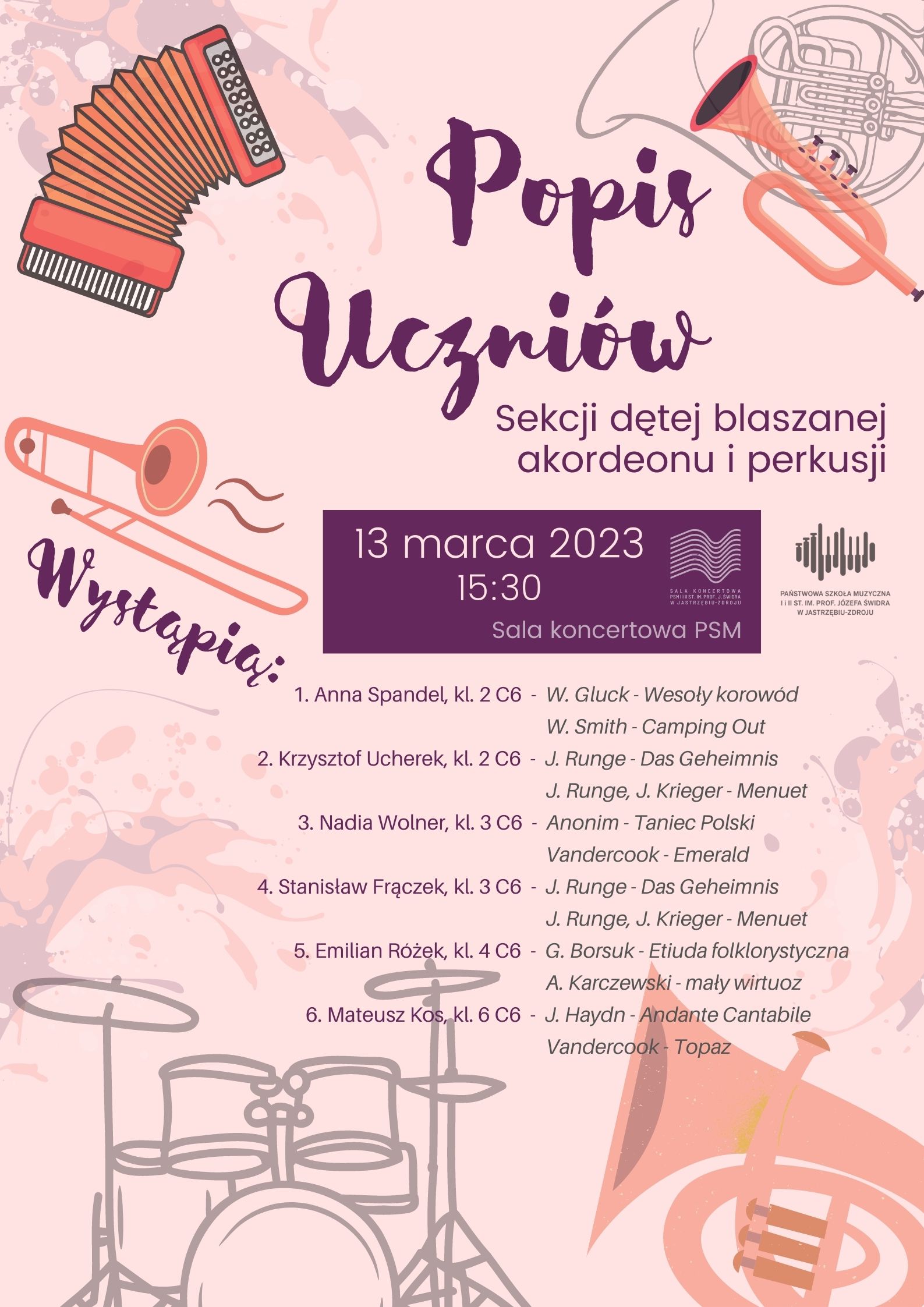 Informacje o terminie, występujących i programie popisu, na kremowym tle u góry akordeon, trąbka i waltornia, poniżej po lewej stronie trąbka, na dole perkusja i tuba, po środku logo PSM i logo Sali Koncertowej w Jastrzębiu-Zdroju