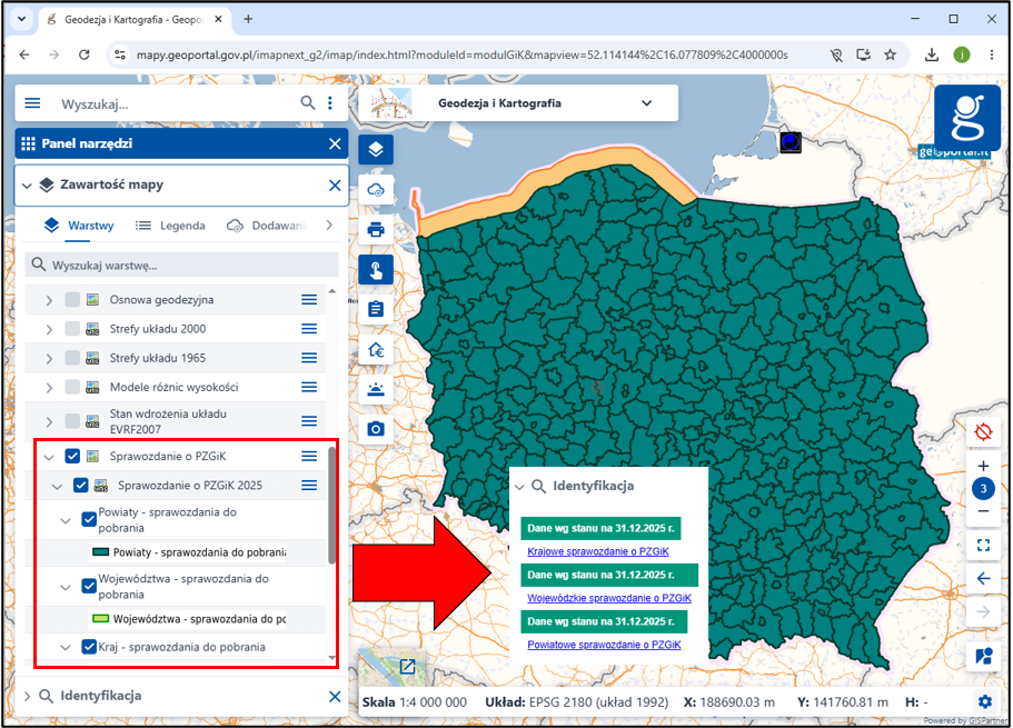Zrzut ekranu ze strony mapy.geoportal.gov.pl prezentujący elementy GUI pozwalające na pobranie sprawozdań GUGiK.