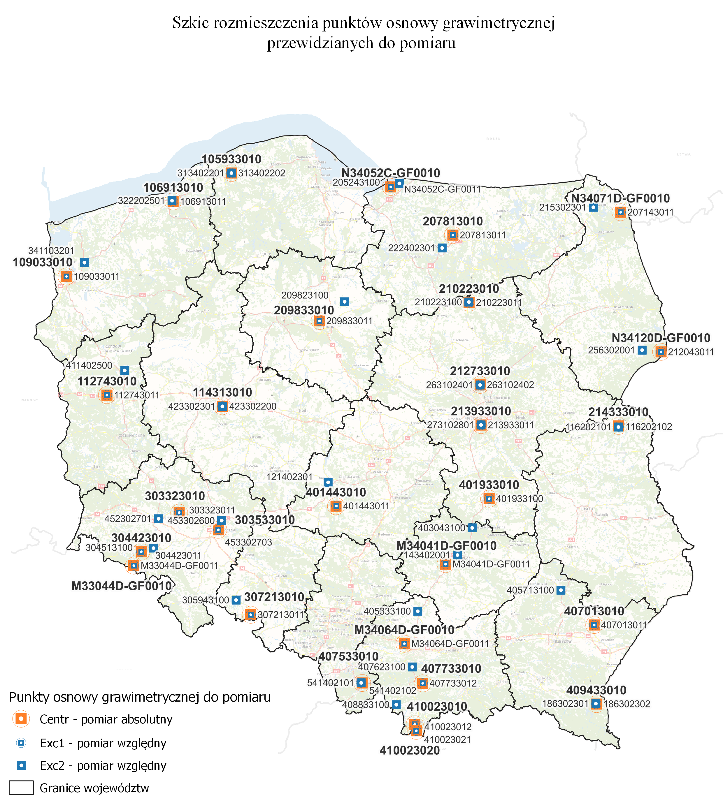 Ilustracja przedstawia obszar Polski z rozmieszczeniem punktów osnowy grawimetrycznej przewidzianych do pomiaru w 2023 roku.