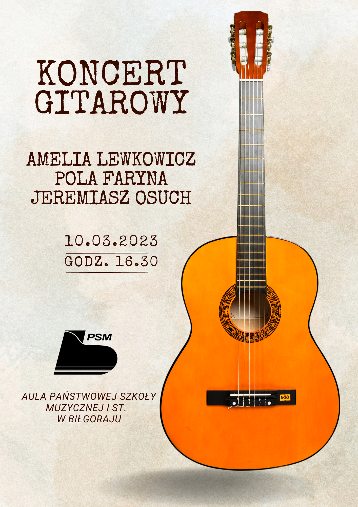 Koncert gitarowy, który odbędzie się 10 marca 2023 r. w Auli PSM I st. w Biłgoraju. Centralnie widoczna gitara.