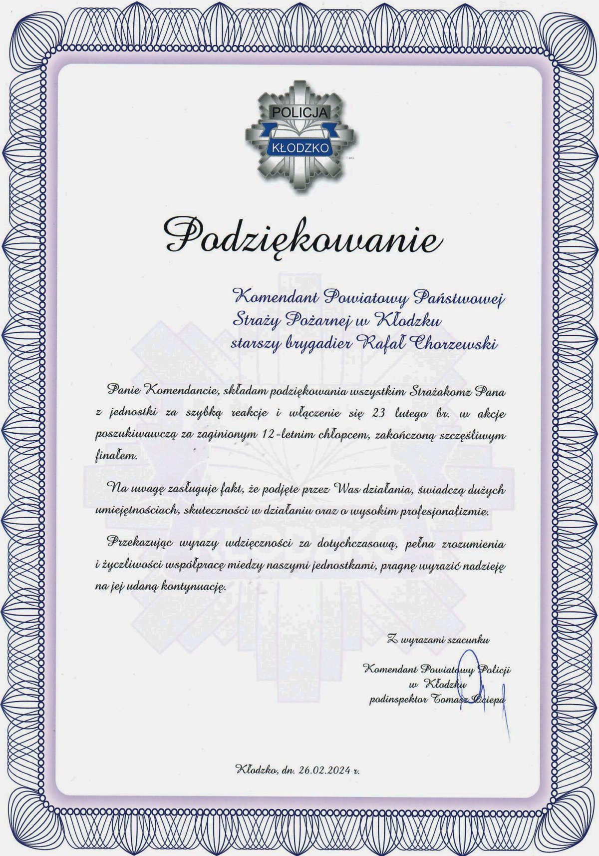 Podziękowanie od Komendanta Powiatowego Policji w Kłodzku