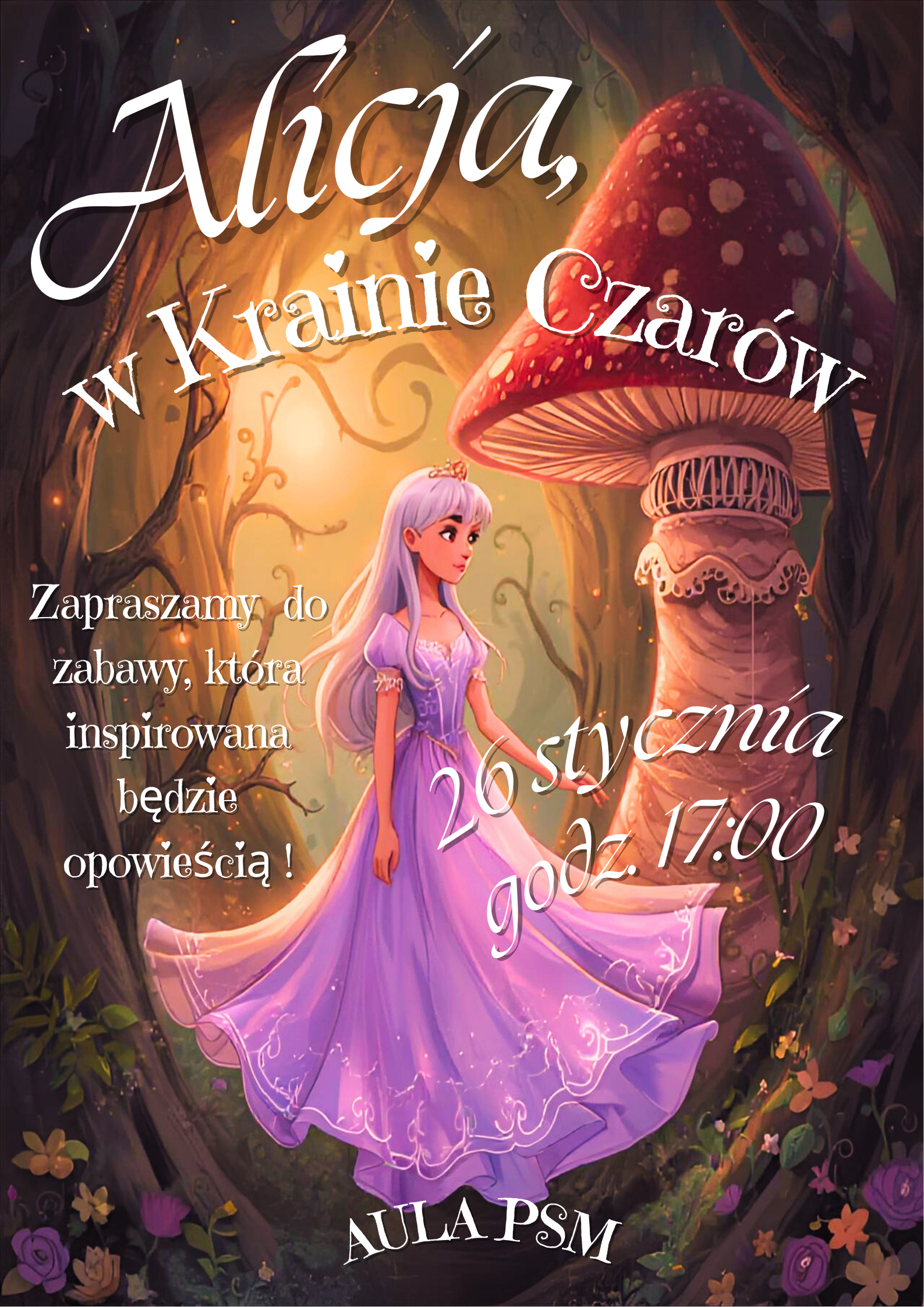 Plakat informuje o zabawie karnawałowej"Alicja w krainie czarów". Na środku plakatu postać dziewczynki w różowej sukni. W tle kolorowy fragment lasu wcharakterze bajkowym oraz wielkim muchomorem lekko po lewej. Ozdobna czcionka w kolorze białym zawinięta na okrągło iformuje o czasie i miejscu zabawy.