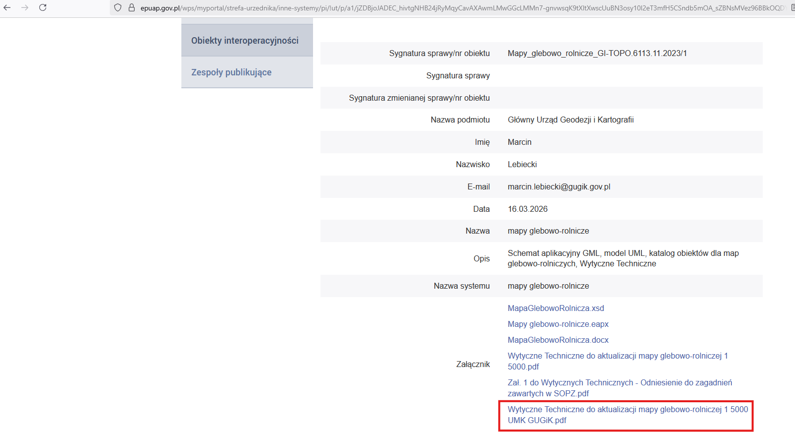 zrzut prezentuje lokalizację linku do pobrania dokumentu - Wytycznych Technicznych do aktualizacji mapy glebowo-rolniczej 1 5000 UMK GUGiK