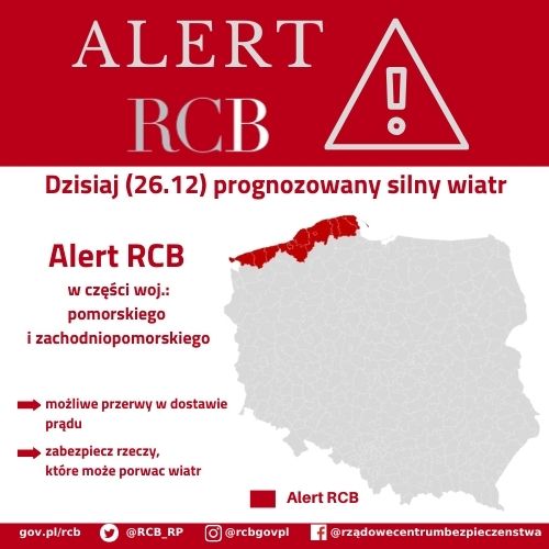 Alert RCB silny wiatr – 26 grudnia.