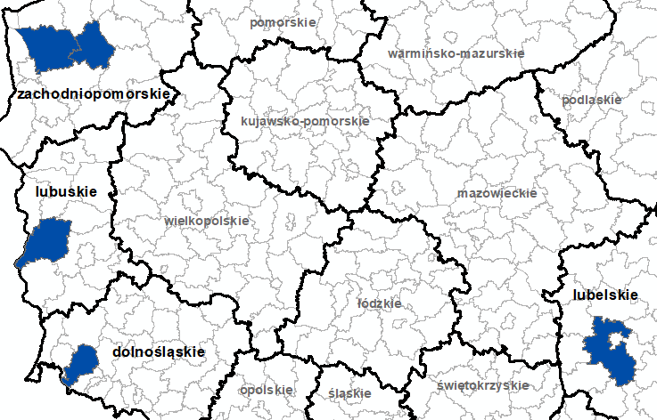 Ilustracja przedstawia obszary powiatów objętych aktualizacją zbiorów danych BDOT10k.