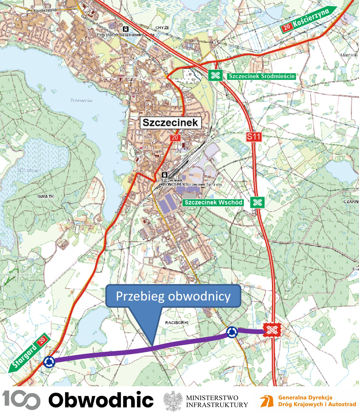 Mapa obwodnicy Szczecinka w ciagu DK20 wraz z istniejącą obw. w ciągu S11