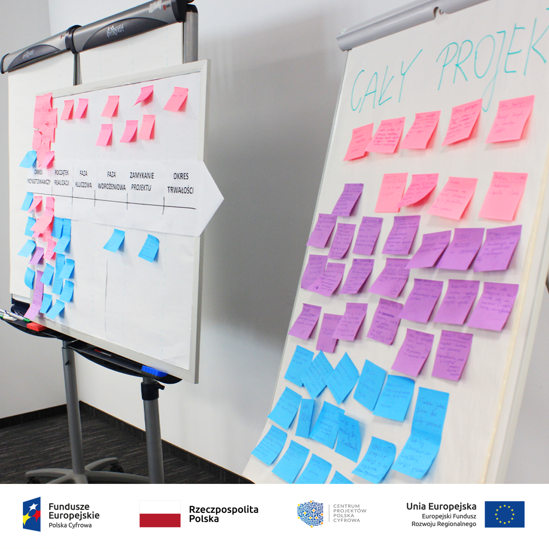 Dwie tablice z karteczkami prezentującymi efekty wymiany doświadczeń z realizacji projektów