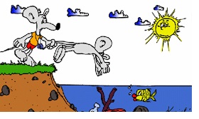 rysunek przedstawia dwie myszki, które są w trakcie wykonywania skoku do niestrzeżonego zbiornika wodnego