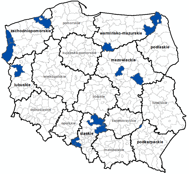 Ilustracja przedstawia obszary powiatów objętych aktualizacją zbiorów danych BDOT10k.