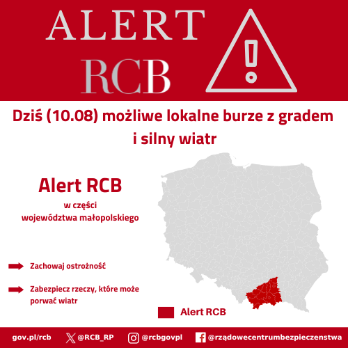 Uwaga! Dziś (10.08) możliwe lokalne burze z gradem i silny wiatr. Zachowaj ostrożność i zabezpiecz rzeczy, które może porwać wiatr.