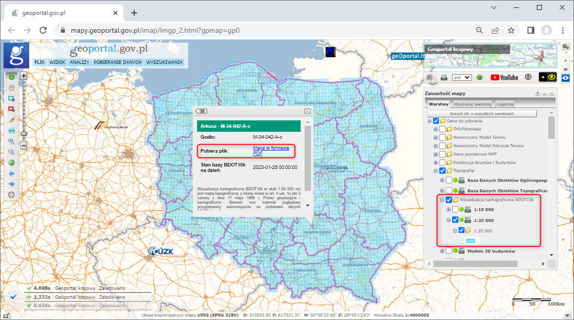 ilustracja przedstawia zrzut z serwisu www.geoportal.gov.pl pokazujący sposób pobierania wizualizacji kartograficznych BDOT10k