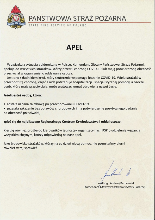 Apel Komendanta Głównego PSP o oddawanie osocza