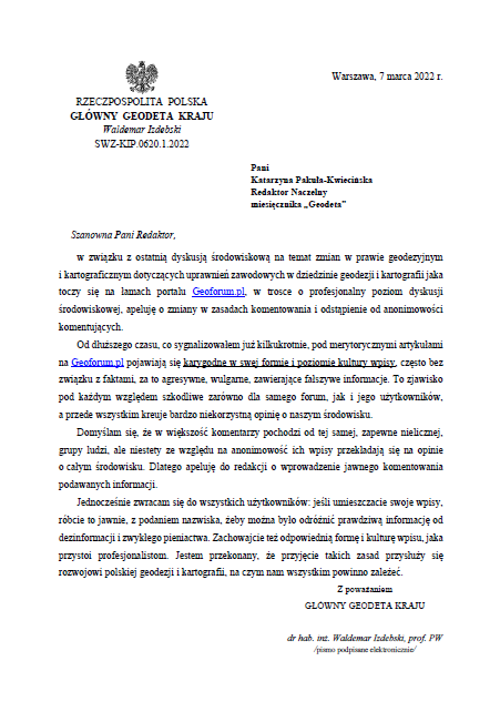 Ilustracja przedstawia pismo z apelem Głównego Geodety Kraju wystosowane do redakcji Geoforum.pl. 