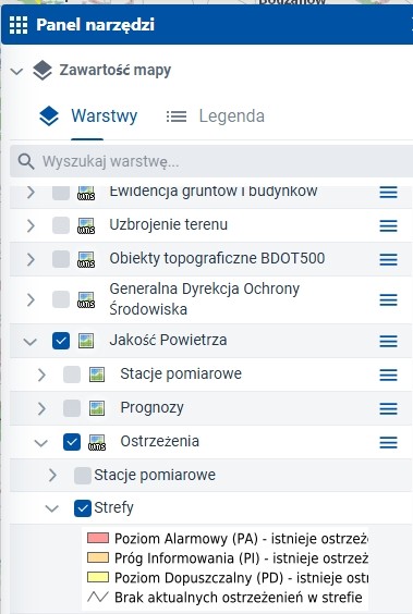 zrzut ekranu z serwisu www.geoportal.gov.pl prezentujący warstwę jakość powietrza - ostrzeżenia dotyczące jakości powietrza – dla stref na podstawie danych GIOŚ