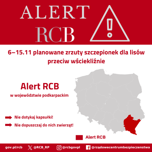 Alert RCB dotyczący szczepienia lisów w województwie podkarpackim z 5 listopada 2025. Na czerwono zaznaczono obszar alarmowania.