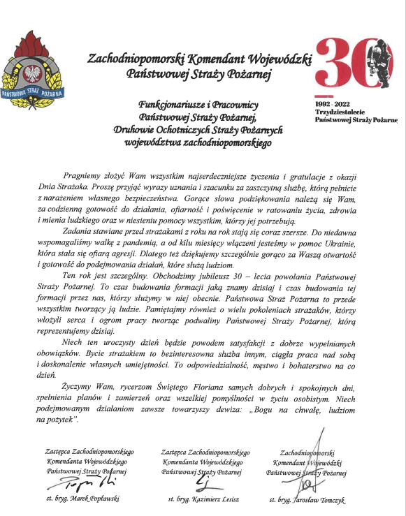Życzenia Zachodniopomorskiego Komendanta Wojewódzkiego PSP