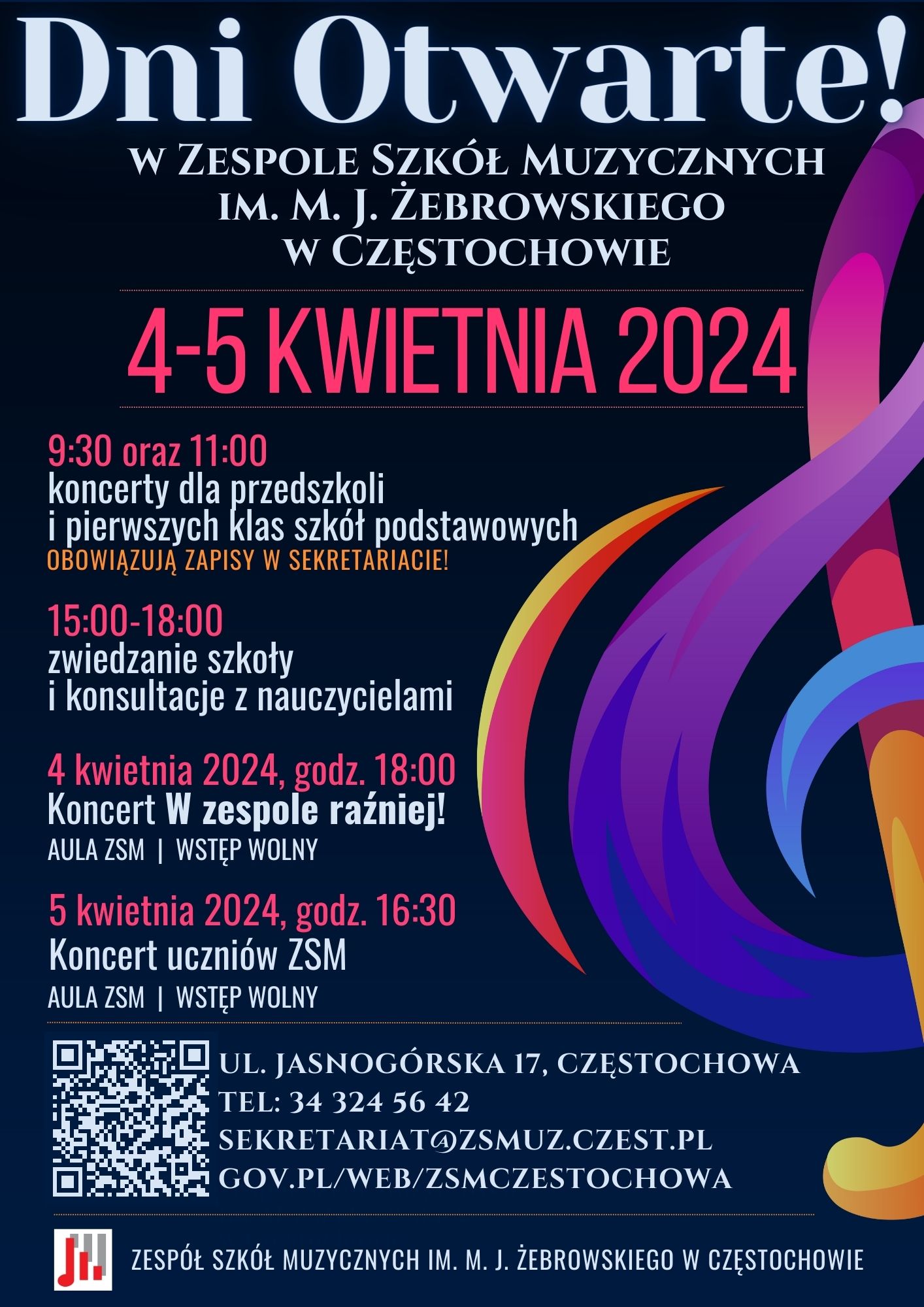 Granatowe tło, po prawej duży kolorowy klucz wiolinowy, informacje dotyczące dni otwartych szkoły w dniach 4-5 kwietnia 2024 r.