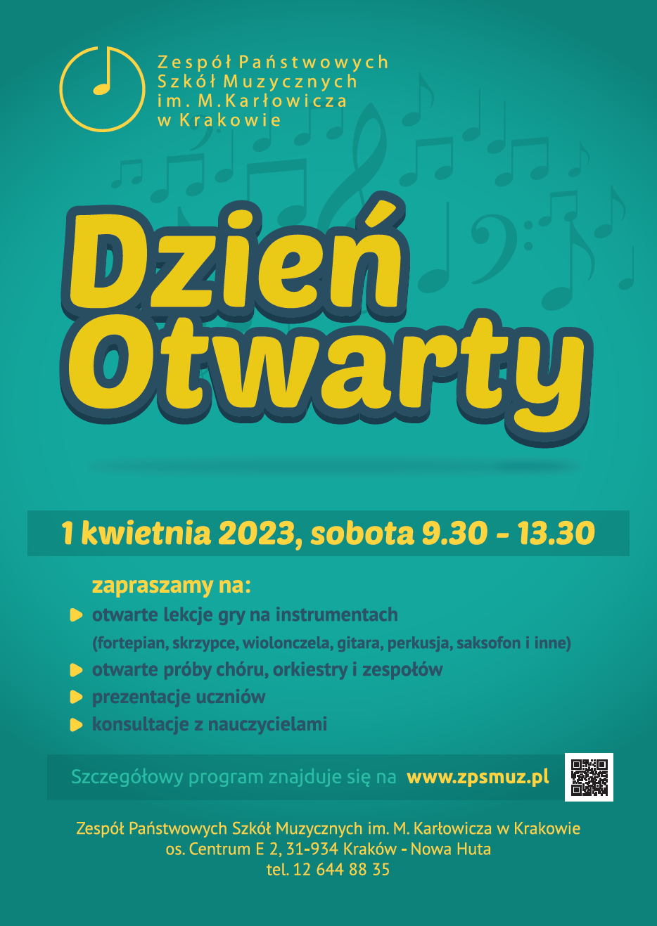Plakat dnia otwartego ZPSMuz. Zapraszamy na lekcje otwarte, prezentacje uczniów i konsultacje z nauczycielami