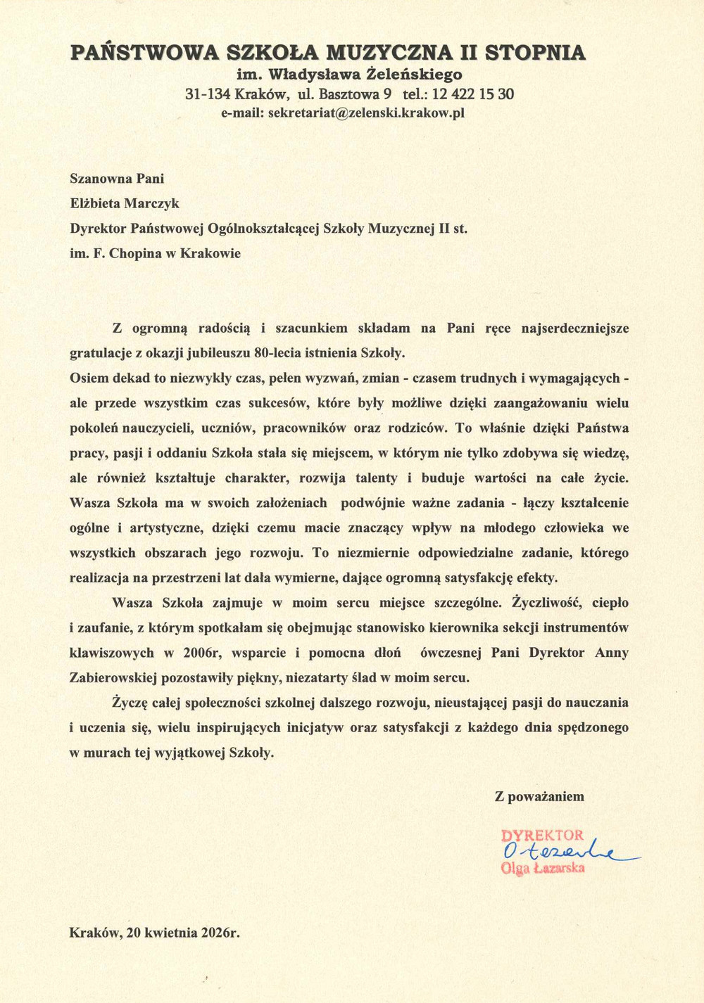 p. Olga Łazarska - dyrektor PSM II stopnia im. Władysława Żeleńskiego w Krakowie