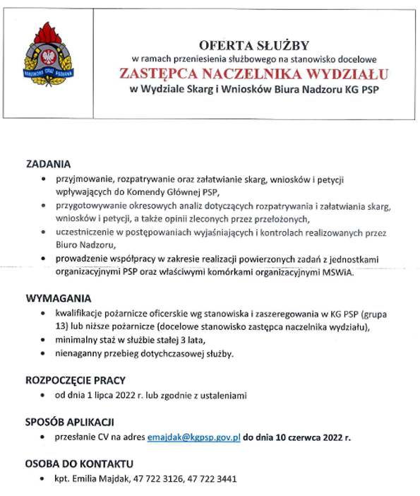 Oferta służby – zastępca naczelnika w Biurze Nadzoru – strona 1