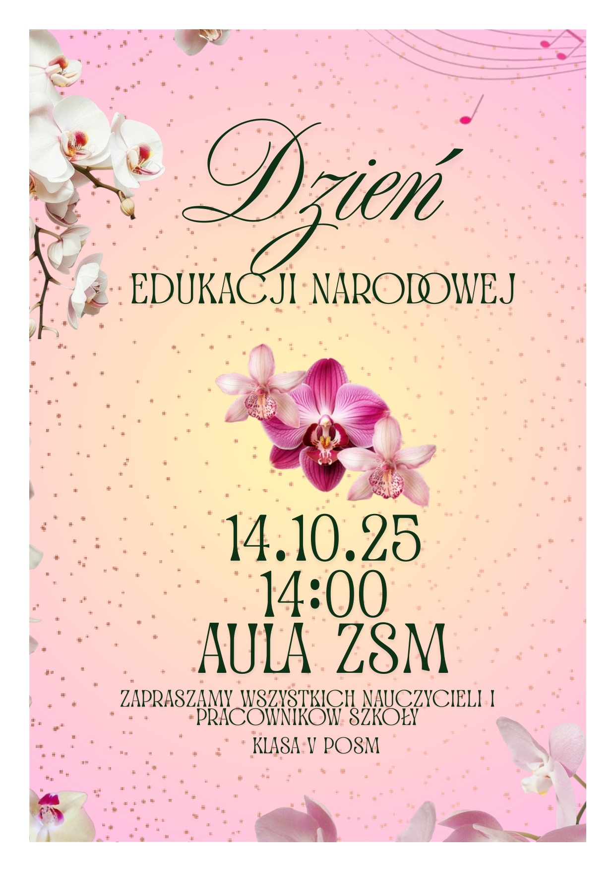 Różowe tło z kwiatami, tekst informujący o koncercie z okazji Dnia Edukacji Narodowej 14.10.2025 o godz. 14.00