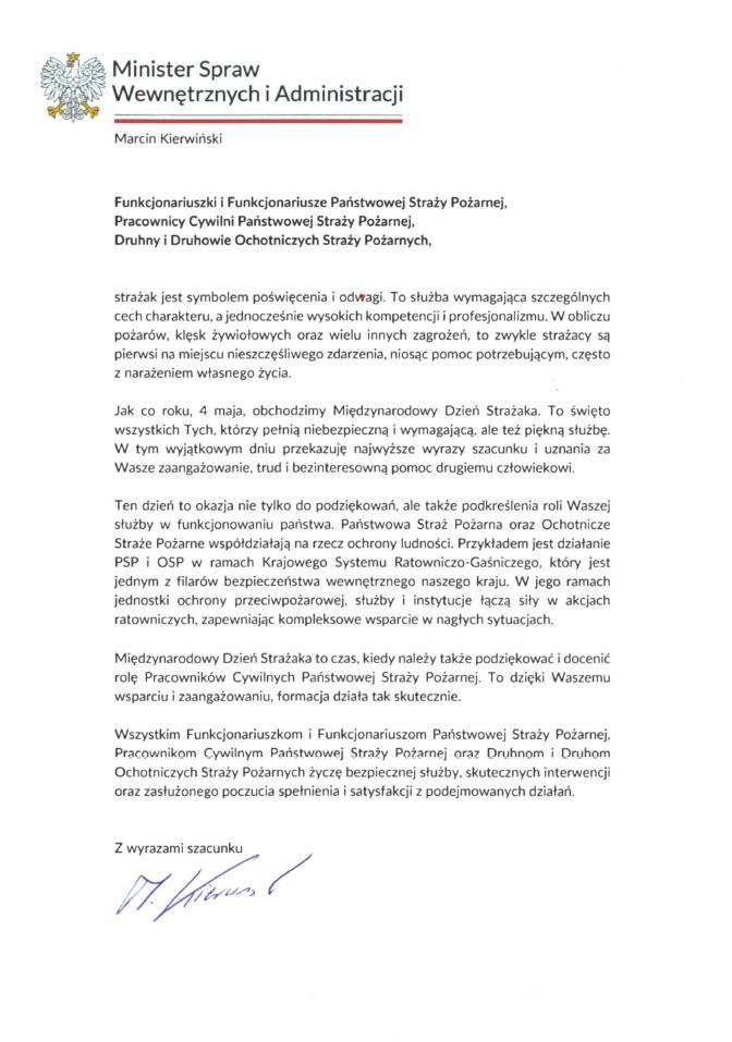 Życzenia Ministra Spraw Wewnętrznych i Administracji z okazji Dnia Strażaka