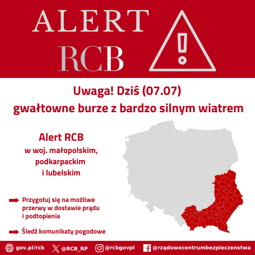 Alert RCB - 7 lipca. Aktualizacja. kolorem czerwonym zaznaczony jest obszar alarmowania.