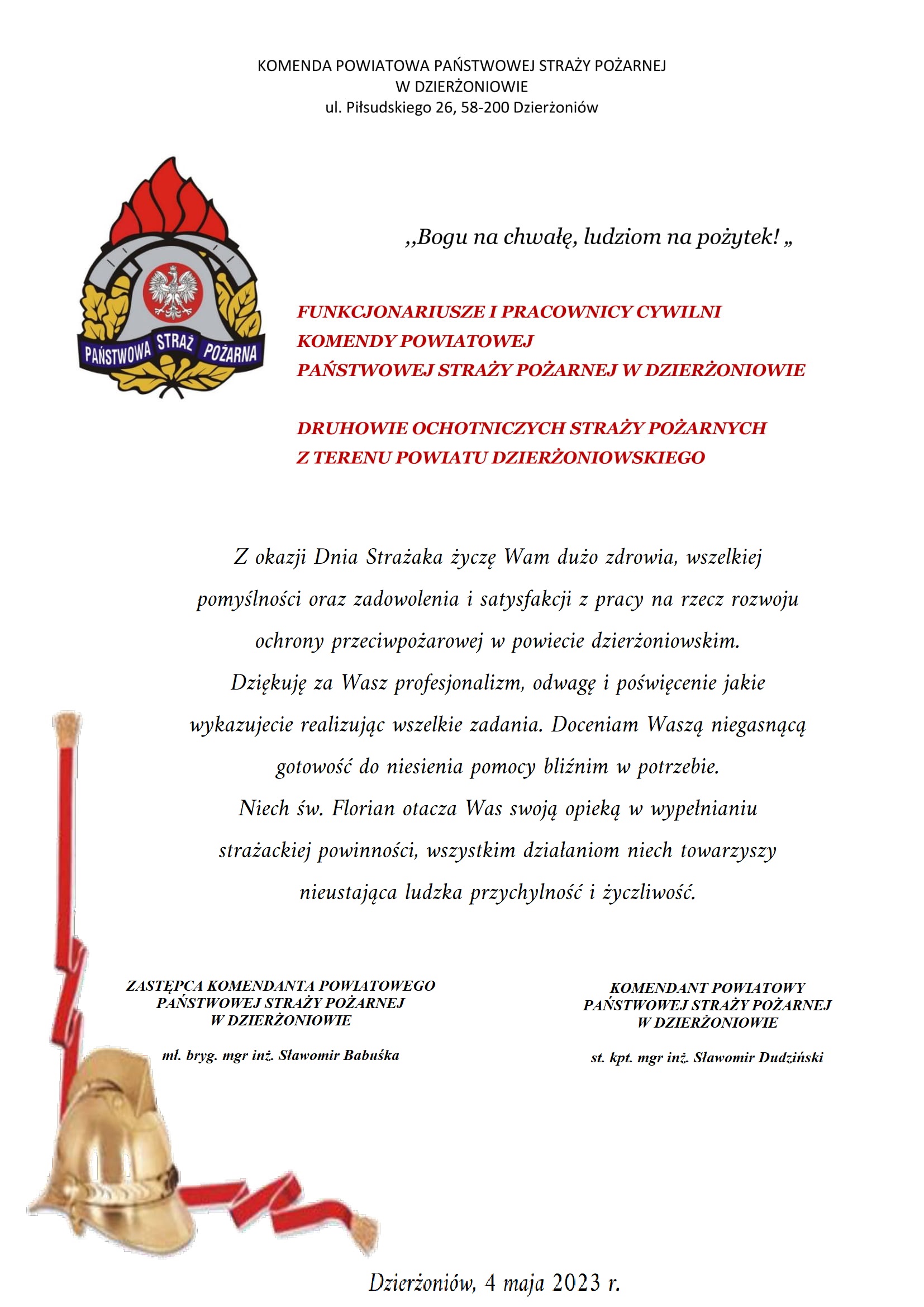 życzenia KP PSP w Dzierżoniowie z okazji dnia strażaka