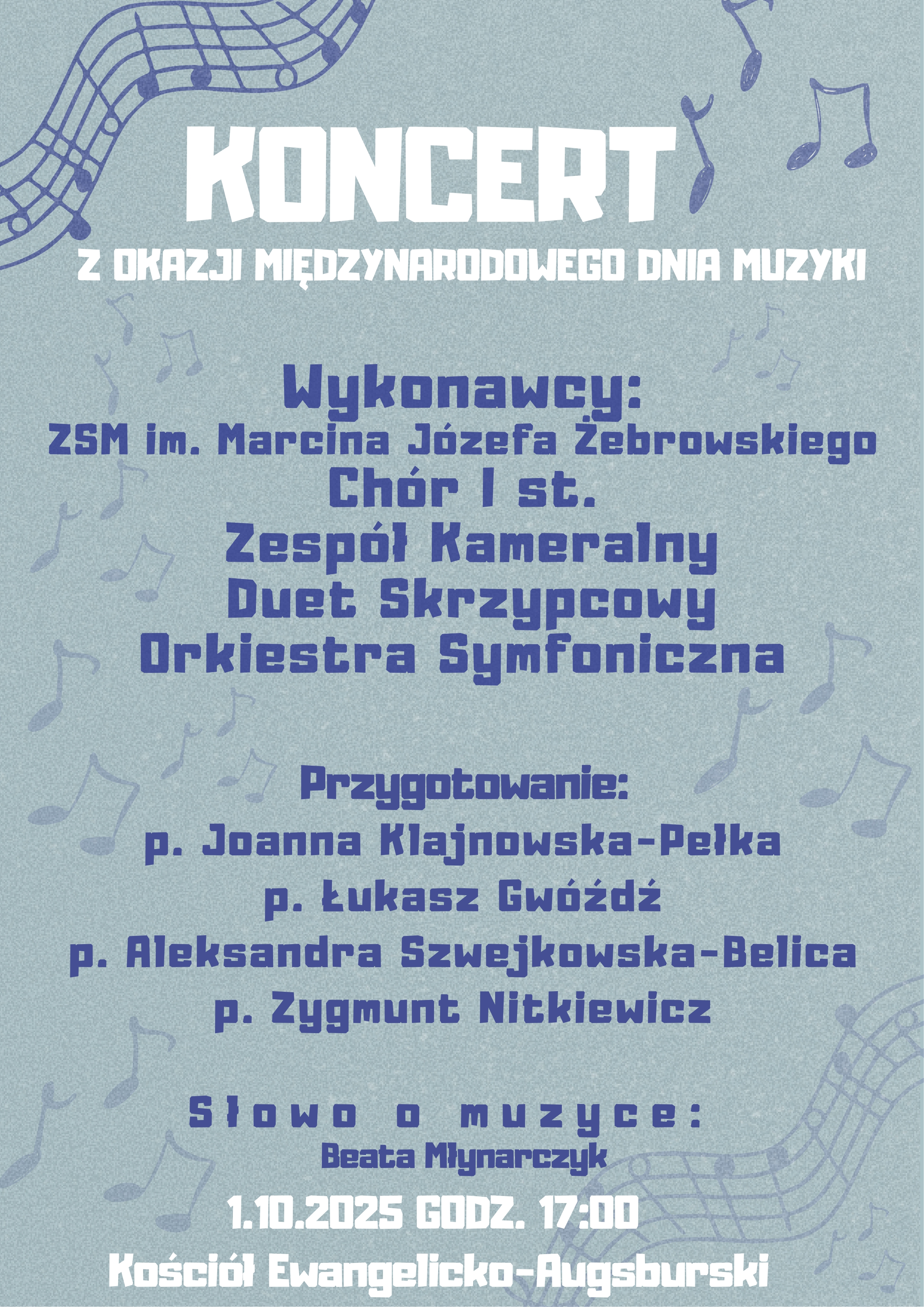 Szare tło, tekst dotyczący koncertu z okazji Międzynarodowego Dnia Muzyki