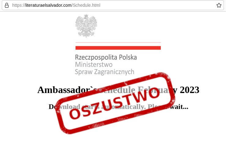 Zrzut ekranu strony podszywającej się pod polską ambasadę sugerująca udostępniony kalendarz do pobrania