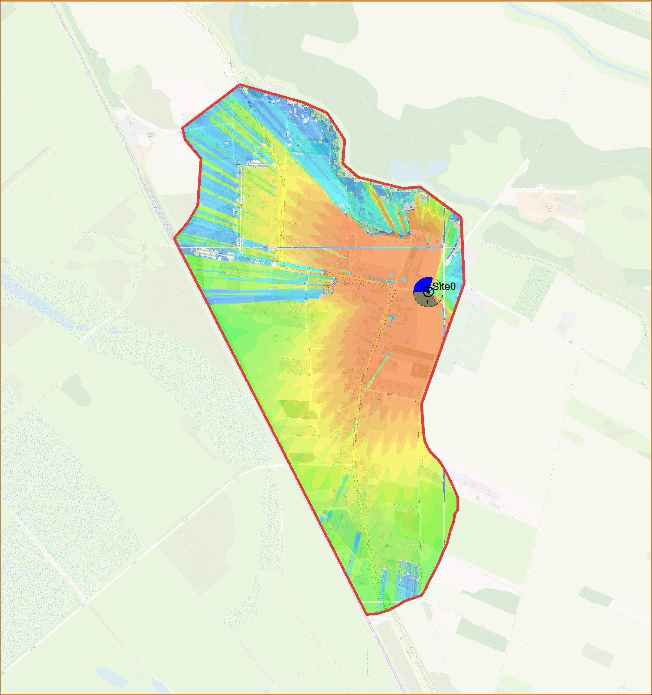 Mapa z wykonaną przez Instytut Łączności symulacją zasięgu stacjonarnego bezprzewodowego dostępu do Internetu (FWA), działającego na częstotliwości 26 gigaherców 