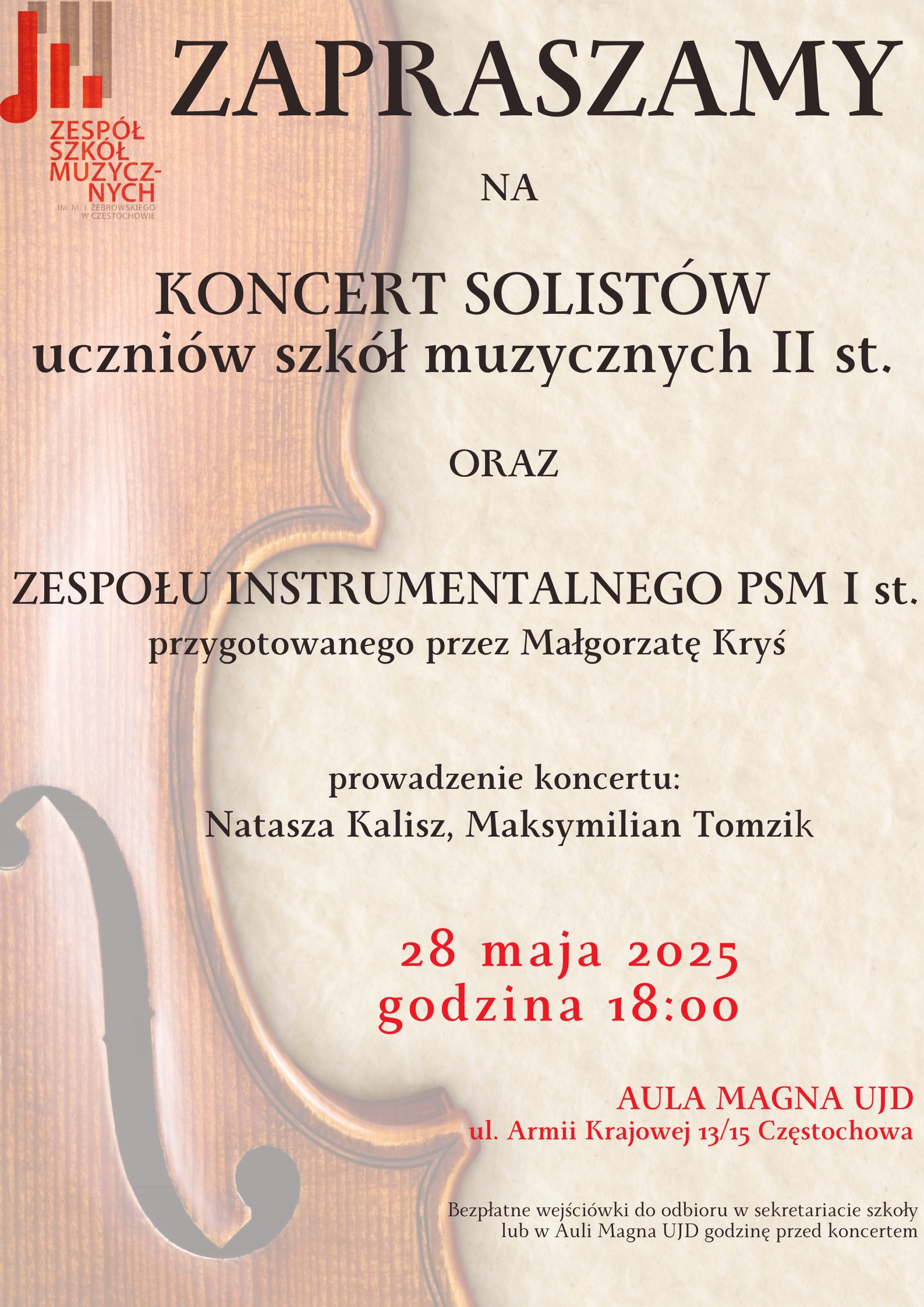 Beżowe tło ze skrzypcami, logo szkoły, tekst dotyczący koncertu solistów ZSM w Auli UJD w Czestochowie, 28 maja 2025 r. o godz. 18.00