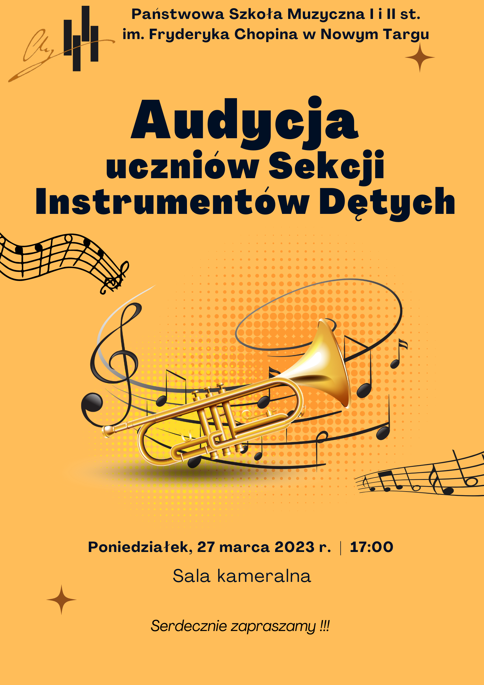 Plakat na pomarańczowym tle. W lewym górnym rogu logo szkoły obok pełna nazwa szkoły. Na środku złota trąbka a wokół niej porozrzucane nutki na rozciągniętej pięciolinii. Poniżej data i miejsce audycji